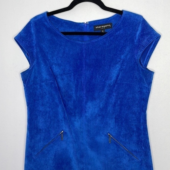 Sharagano ribbed velour zipper pockets mini dress in cobalt blue - Picture 2 of 8